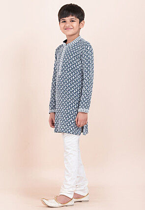 Embroidered Rayon Kurta Set in Teal Blue