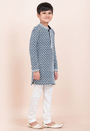 Embroidered Rayon Kurta Set in Teal Blue