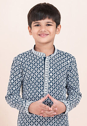 Embroidered Rayon Kurta Set in Teal Blue