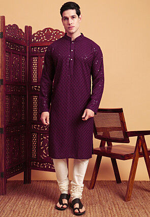 Embroidered Rayon Kurta Set in Violet