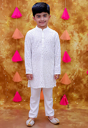 Embroidered Rayon Kurta Set in White