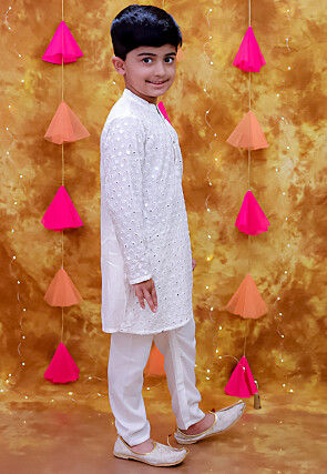 Embroidered Rayon Kurta Set in White