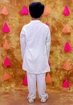 Embroidered Rayon Kurta Set in White