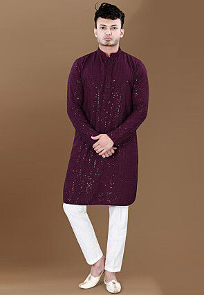 Embroidered Rayon Kurta Set in Wine