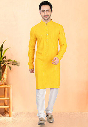 Embroidered Rayon Kurta Set in Yellow