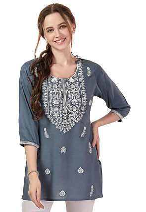 Embroidered Rayon Kurti in Grey