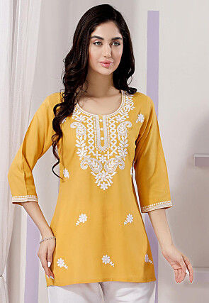 Embroidered Rayon Kurti in Mustard