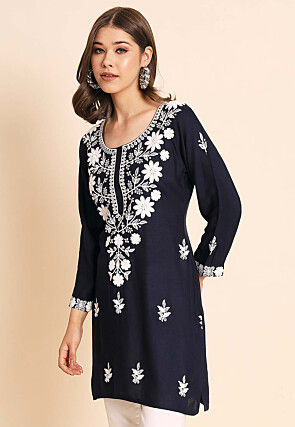 Embroidered Rayon Kurti in Navy Blue