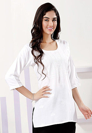Embroidered Rayon Kurti in Off White