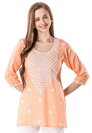 Embroidered Rayon Kurti in Peach