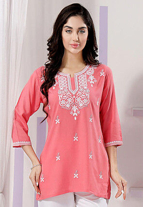 Embroidered Rayon Kurti in Pink