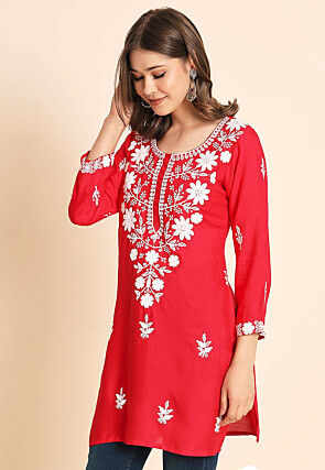 Embroidered Rayon Kurti in Red
