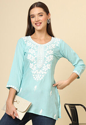 Embroidered Rayon Kurti in Sky Blue