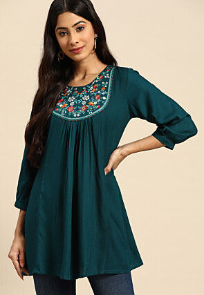 Embroidered Rayon Kurti in Teal Blue