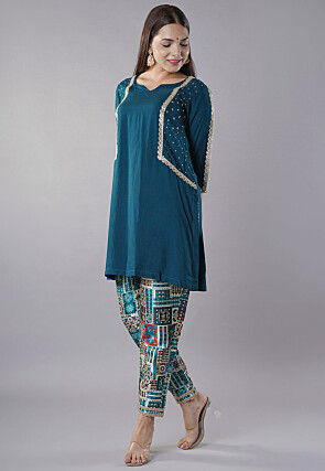 Embroidered Rayon Kurti Set in Teal Blue