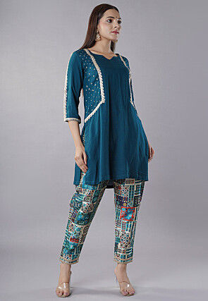 Embroidered Rayon Kurti Set in Teal Blue