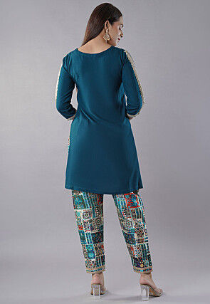 Embroidered Rayon Kurti Set in Teal Blue