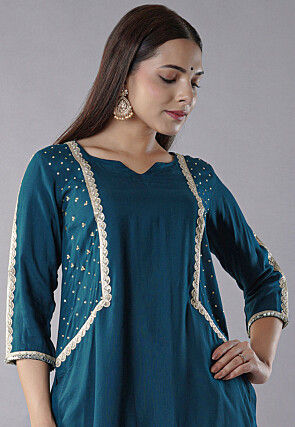 Embroidered Rayon Kurti Set in Teal Blue