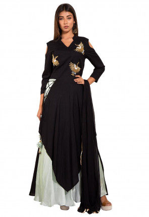 Embroidered Rayon Layered Abaya Style Suit in Black and Pastel Blue