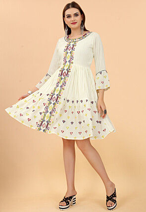 Embroidered Rayon Layered Dress in Off White