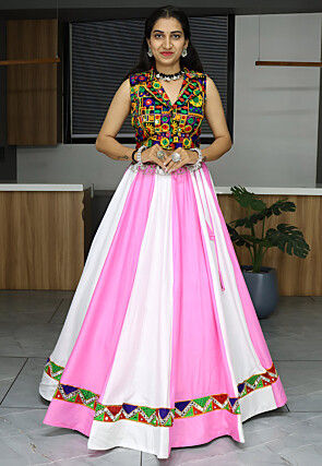 Embroidered Rayon Lehenga in Off White and Pink