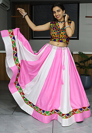 Embroidered Rayon Lehenga in Off White and Pink
