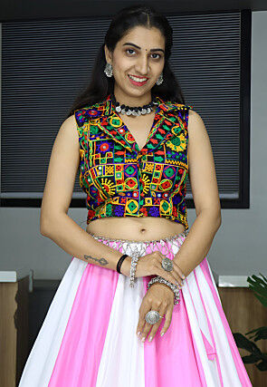 Embroidered Rayon Lehenga in Off White and Pink