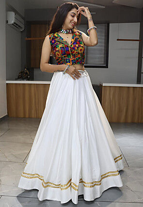 Embroidered Rayon Lehenga in Off White