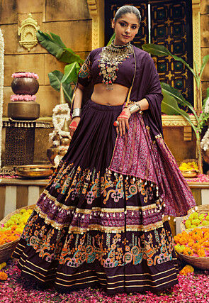 Embroidered Rayon Lehenga in Purple