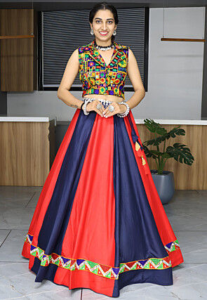 Embroidered Rayon Lehenga in Red and Navy Blue