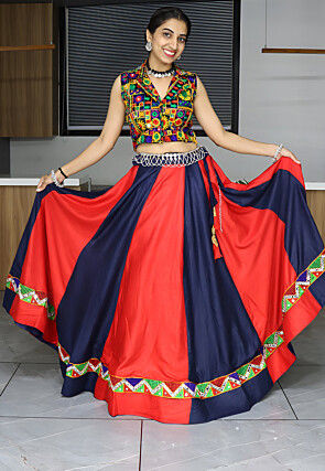 Embroidered Rayon Lehenga in Red and Navy Blue