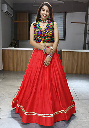 Embroidered Rayon Lehenga in Red