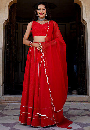 Embroidered Rayon Lehenga in Red