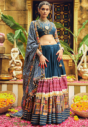Embroidered Rayon Lehenga in Teal Blue and Multicolor