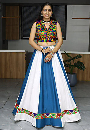 Embroidered Rayon Lehenga in White and Blue