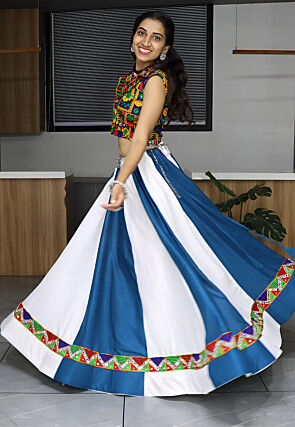Embroidered Rayon Lehenga in White and Blue