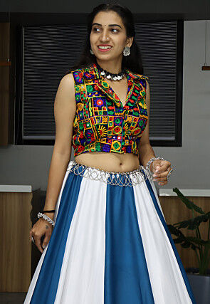 Embroidered Rayon Lehenga in White and Blue