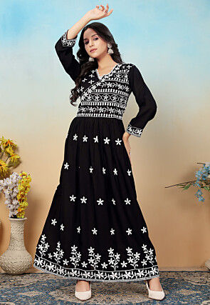Embroidered Rayon Long Kurta in Black