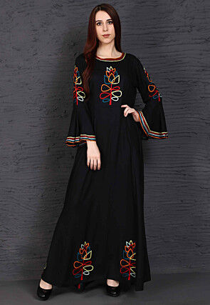 Embroidered Rayon Long Kurta in Black