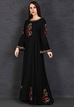 Embroidered Rayon Long Kurta in Black