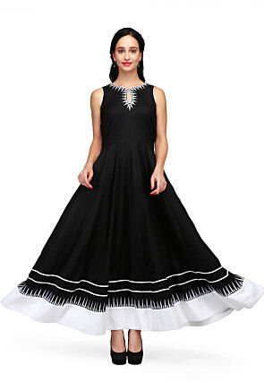 Embroidered Rayon Long Kurta in Black