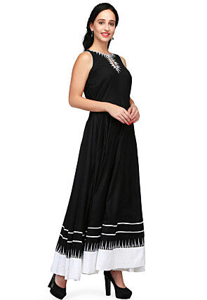 Embroidered Rayon Long Kurta in Black