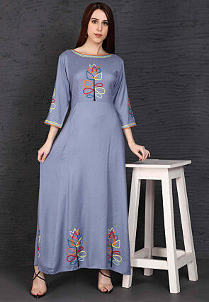 Embroidered Rayon Long Kurta in Grey