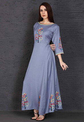Embroidered Rayon Long Kurta in Grey