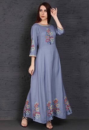 Embroidered Rayon Long Kurta in Grey