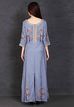 Embroidered Rayon Long Kurta in Grey