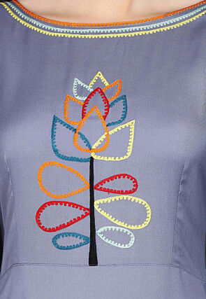 Embroidered Rayon Long Kurta in Grey