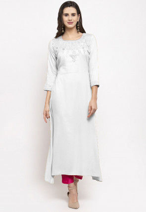 Embroidered Rayon Long Kurta in Off White