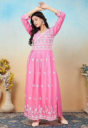 Embroidered Rayon Long Kurta in Pink