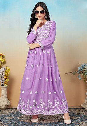 Embroidered Rayon Long Kurta in Purple
